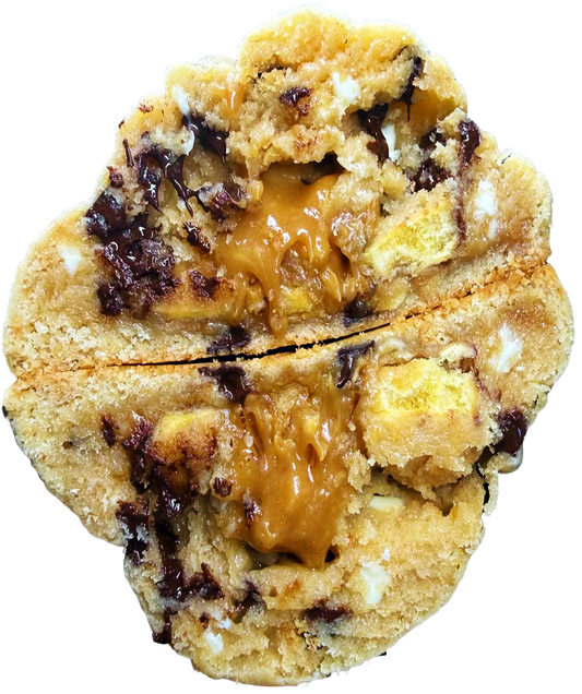 BANOFFEE stuffed New York style cookie with banoffee spread and freeze dried bananas.