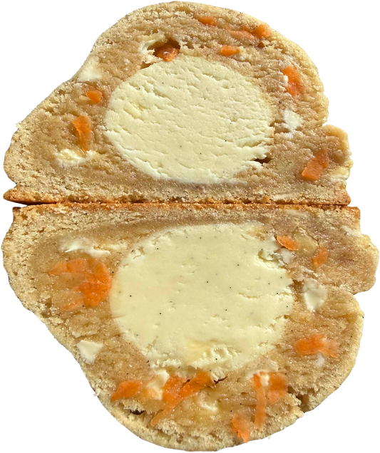 Thick New York-style carrot cake cheesecake cookie with white chocolate and creamy cheesecake-style filling
