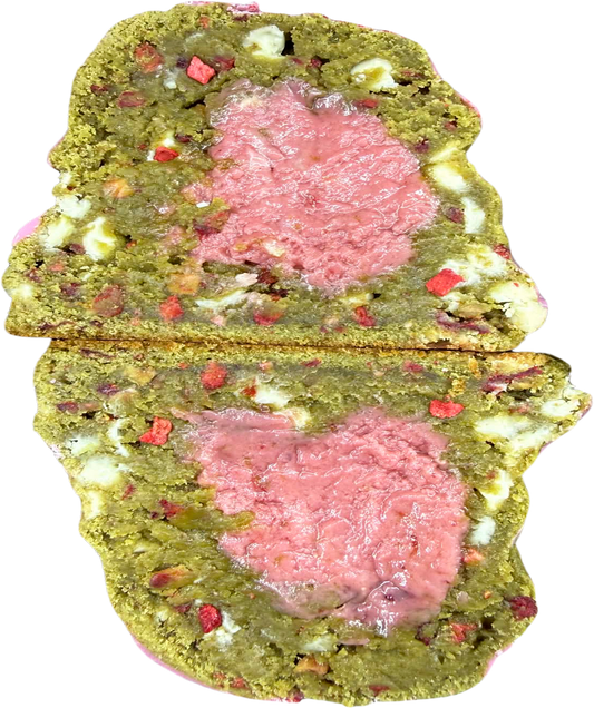Scandal NY Cookies Matcha Strawberry cookie with matcha dough, white chocolate chips, strawberry core, and strawberry pieces.