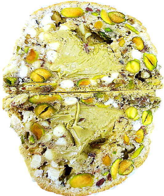 Pistachio stuffed New York style cookie with pistachio paste centre and roasted pistachios