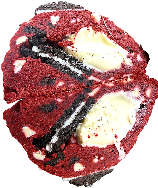 Red velvet stuffed New York style cookie with Oreo and white chocolate filling
