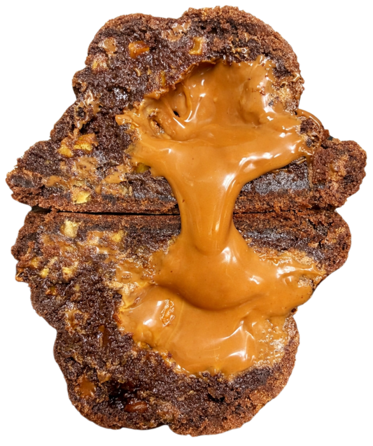 Chocolate Caramel stuffed cookie made with rich chocolate dough, Cadbury chocolate caramel pieces, and caramel fudge chunks.